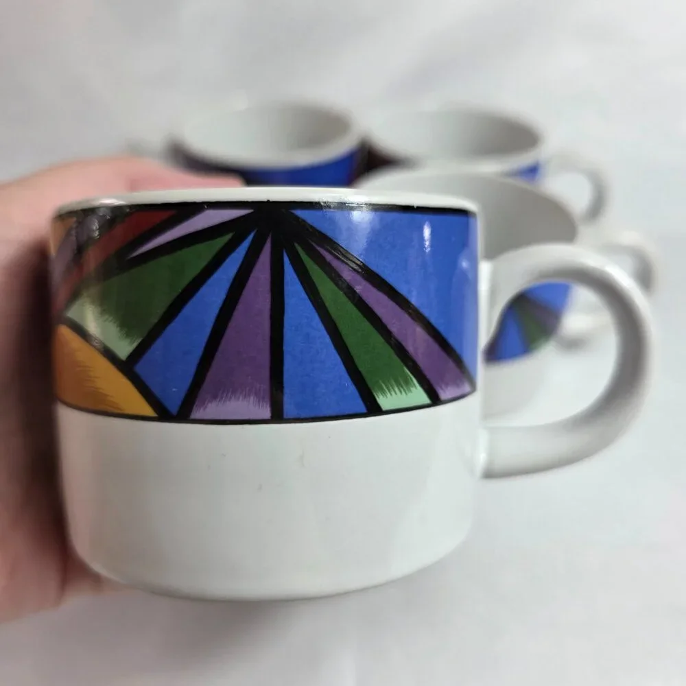 FOUR Sakura Sunset Mountain Flat Cups White with Multicolor Border